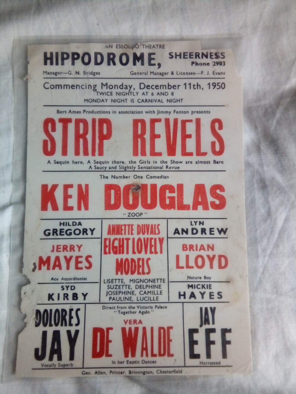 1950 Sheerness Hippodrome “Strip Revels” original hand bill or flyer